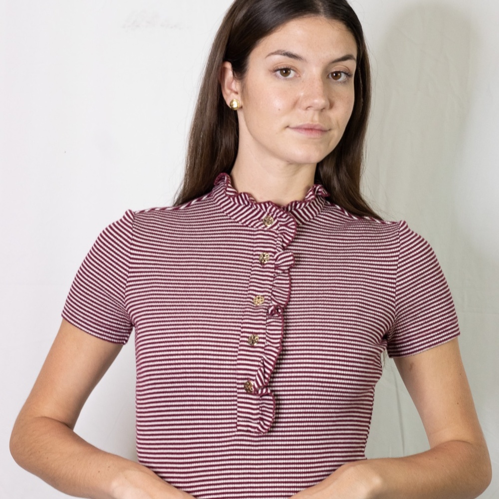 Tory Burch red white stripe ruffle Lidia polo top